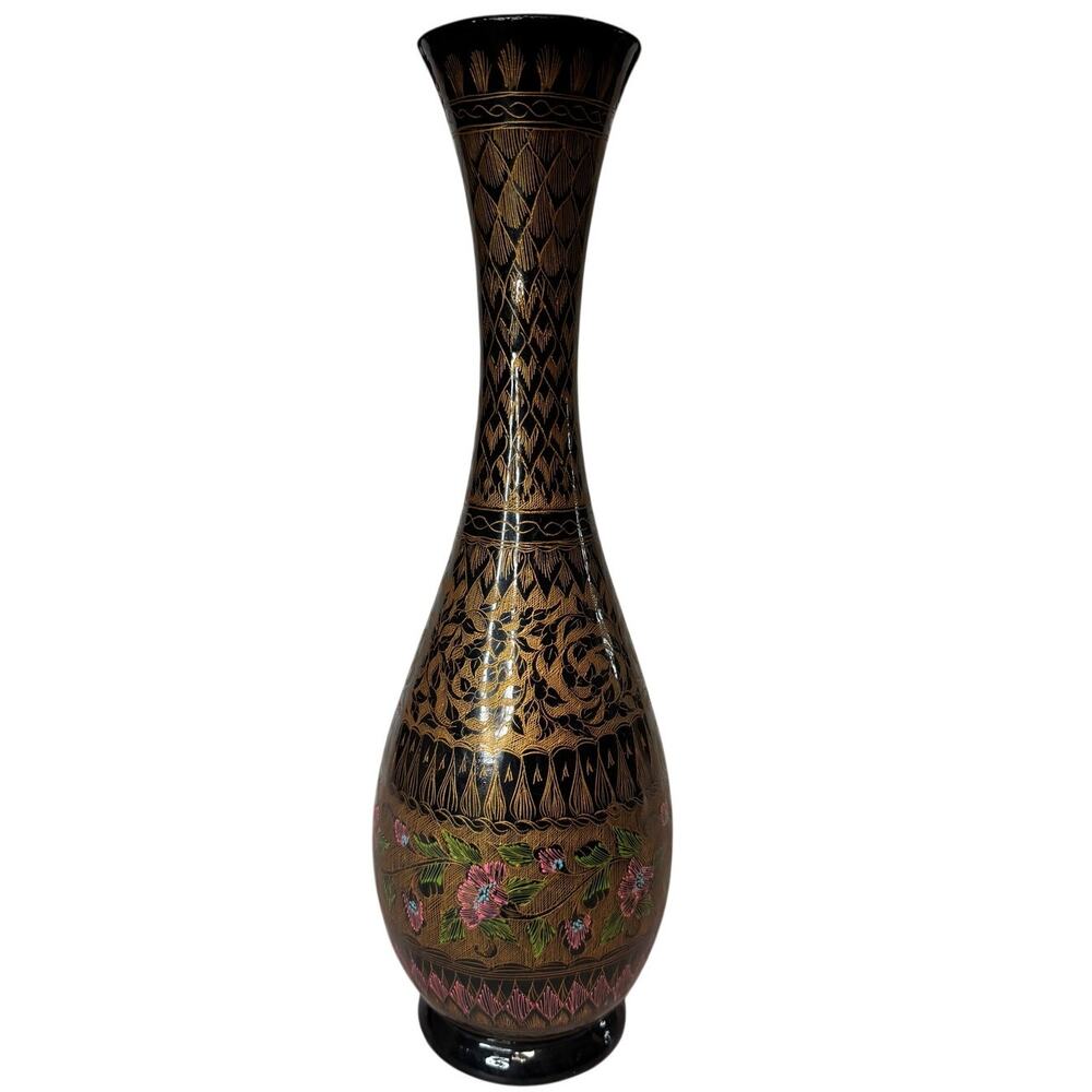 Vintage Indian Brass Bud Vase - Black Enamel Hand Etched Gold Floral Vine 1970s